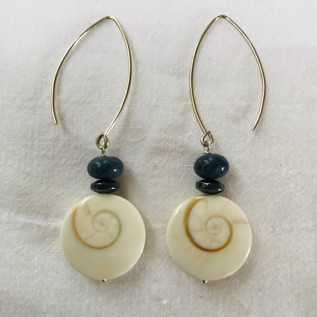 Cats eye Shell and Blue Coral Sterling Earrings