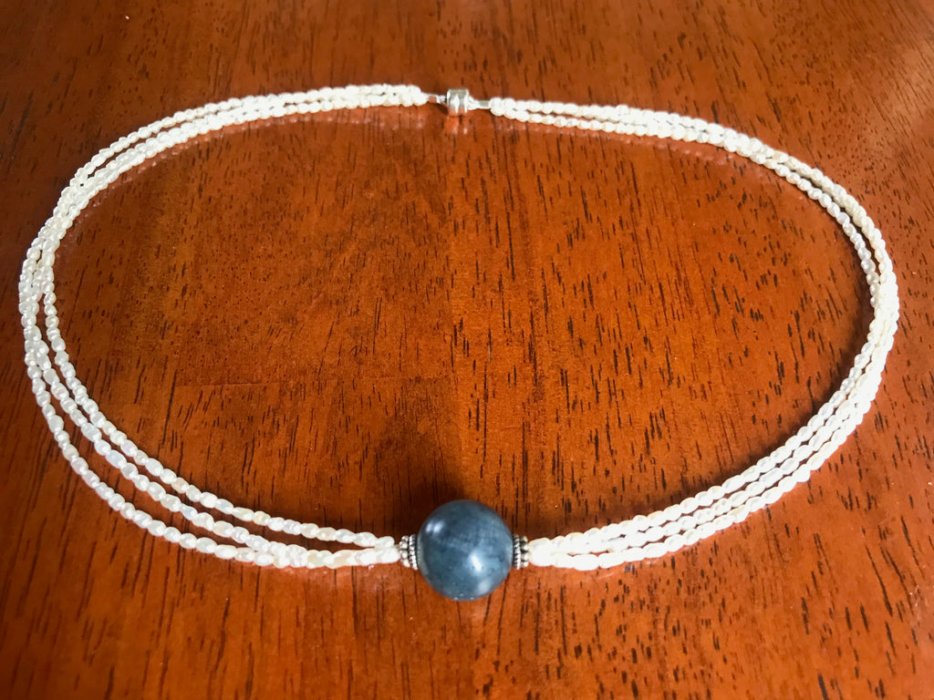 Triple pearl strand choker necklace with Blue Coral
