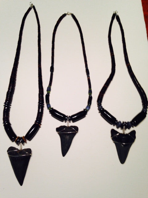 Fossil sharks tooth argentium wire wrapped with Black Coral and Shell